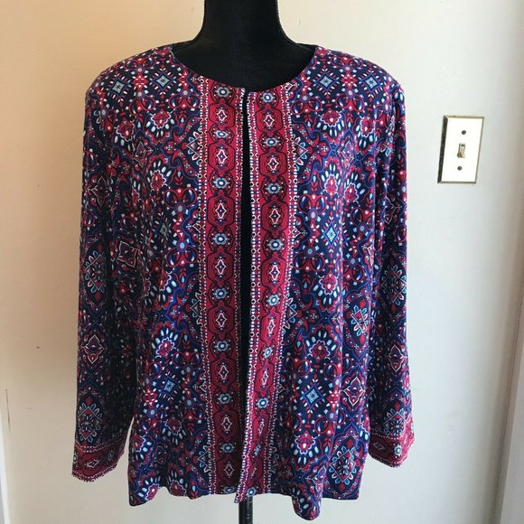 Joan Rivers Womens Large Cardigan Blazer Multicolored Paisley Lined Stretch Soft
